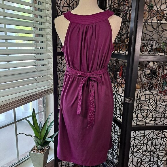 Ann Taylor Loft Size 6 Purple Sleeveless Ruffle Neck Tie Waist Dress EUC - Picture 6 of 13